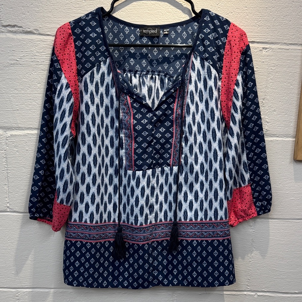 Tempo Paris Navy and Red Patterned Blouse